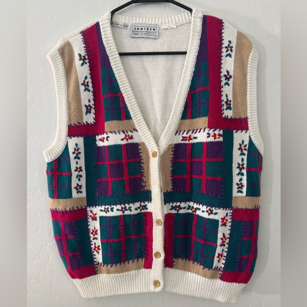 Vintage‎ Jantzen Sweater Vest M Patchwork Knit Floral Hand Embroidered Button Up
